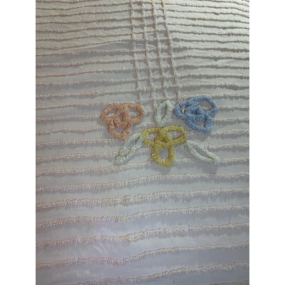 Vtg Pink Chenille Cotton Bedspread Coverlet 100 X 74"Pastel Flowers Lightweight